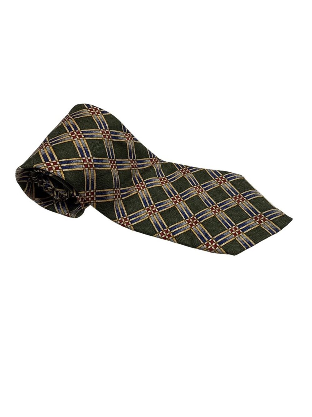 Cricket & Row Mens Silk Tie Geometric Plaid Pattern Green/Gold (CC1057)